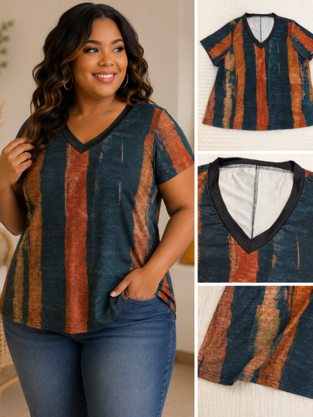 Abstract Stripe V-Neck Top | Rust & Teal Knit Blouse | Plus Size 3XL